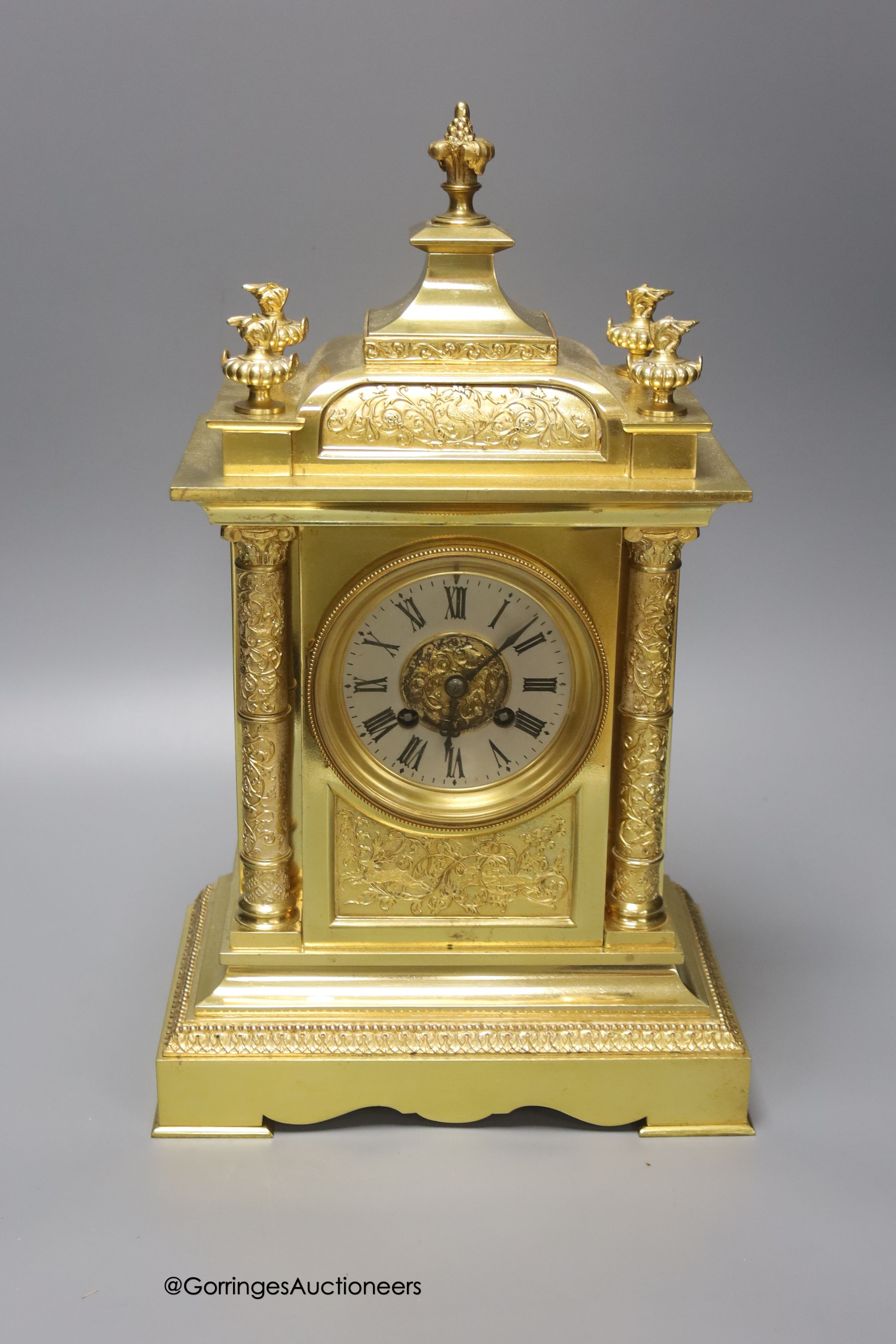 A Victorian architectural ormolu mantel clock, c.1860's, French gong striking movement, height 39cm